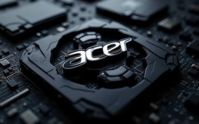 acer chrom logo, 4k, schwarzes mainboard, acer metalllogo, acer emblem, acer zeichen, acer logo, schwarzer technologiehintergrund, acer