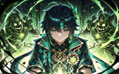 كينيتش, 4k, معركة, الوحوش, تأثير جينشين, خلفية مجردة خضراء, شخصيات الانمي, شخصيات جينشين إمباكت, تأثير كينيش جينشين