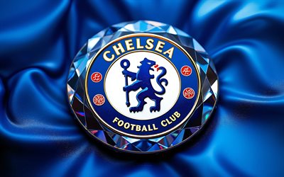 Chelsea FC glass logo, blue metal background, Chelsea FC emblem, Chelsea FC logo, Chelsea FC sign, Premier League, England, football, Chelsea FC, Chelsea logo, Chelsea