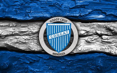 Godoy Cruz wooden logo, 4k, blue white wooden background, Primera Nacional, soccer, Godoy Cruz logo, football, Godoy Cruz emblem, Godoy Cruz FC, Argentine football club, Godoy Cruz