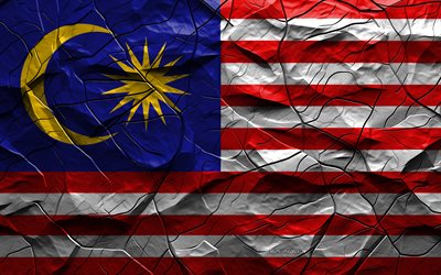 4k, bandeira da malásia, textura de pedra, ásia, bandeira 3d da malásia, fundo com rachaduras, malásia