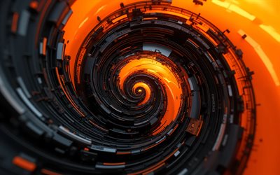 4k, curvas 3d laranja, vórtice, linhas, fundo preto laranja, projeto de materiais, ondas abstratas, fundo ondulado abstrato, curvas abstratas, criativo, fundos abstratos