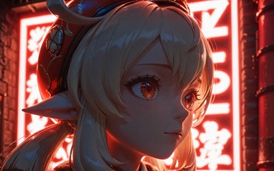 klee, 4k, nacht, rote neonlichter, genshin impact, roter abstrakter hintergrund, rote augen, rote neonringe, anime charaktere, pyro charaktere, genshin impact charaktere, klee genshin impact