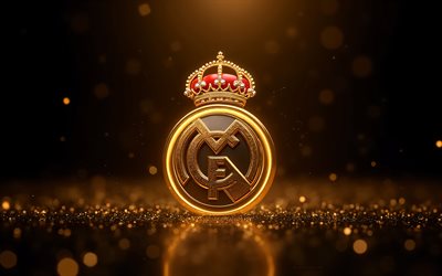 real madridin hehkuva logo, 4k, musta tausta, kultainen neonvalo, real madridin tunnus, real madridin logo, real madrid  merkki, real madrid cf, jalkapallo, real madrid