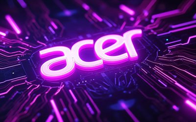 leuchtendes acer logo, 4k, dunkelheit, lila high tech hintergrund, mikroschaltungen, dirigenten, elektronikmarken, bokeh, acer logo auf mikroschaltung, marken, lila neon logo von acer, kunstwerk, acer logo, acer