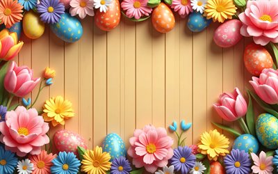 4k, osterrahmen, heller holzhintergrund, blumendekorationen, ostereier, blumen, frohe ostern, osterdekorationen, osterhintergründe, ostern
