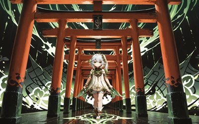 ناهدة, 4k, بوابات توري, خلفية مجردة خضراء, تأثير جينشين, بطل الرواية, مانغا, توري, شخصيات جينشين إمباكت, عمل فني, ناهدة جينشين إمباكت