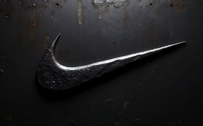 logotipo de piedra negra de nike, 4k, fondo de pared negro, logotipo de piedra de nike, logotipo 3d de nike, signo de nike, símbolo de nike, emblema de nike, logotipo de nike, nike
