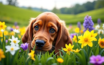 cachorro de basset hound, 4k, primavera, bokeh, perros, animales lindos, cachorros, mascotas, perro de afloramiento, flores de primavera, cachorro en el césped, perro basset hound