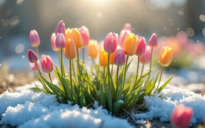 bunte tulpen, 4k, bokeh, schmelzender schnee, frühlingsblumen, helle sonne, erwachen der natur, tulpen, bilder mit tulpen, frühling, wunderschöne blumen