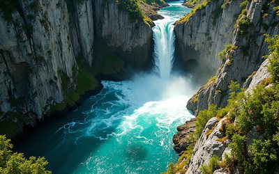 पहाड़ी झरना, 4k, चट्टानों, पहाड़ी नदी, ऊँचा झरना, पहाड़ी परिदृश्य, वसंत, झरने