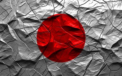 4k, japans flagga, sten textur, asien, japan 3d flagga, bakgrund med sprickor, japan, japansk flagga