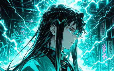 4k, Muichiro Tokito, turquoise lightings, darkness, Kimetsu no Yaiba, turquoise abstract background, kimono, manga, protagonist, Demon Slayer Corps, Tokito Muichiro, Demon Slayer, Muichiro Tokito Kimetsu no Yaiba