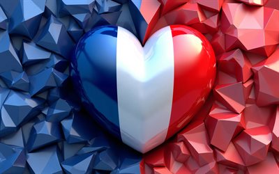4k, amo francia, formas geométricas, fondo azul rojo 3d, geometría, dia de francia, bandera de francia, corazón con bandera francesa, corazones 3d, bandera francesa, francia, amor por francia