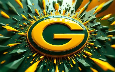 4k, logo 3d des packers de green bay, fond 3d jaune vert, nfl, football américain, bokeh, drapeau des packers de green bay, créatif, logo des packers de green bay, équipe de football américain, packers de green bay
