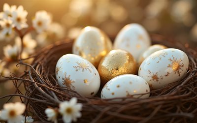 bir yuvada paskalya yumurtaları, akşam, gün batımı, mutlu paskalyalar, paskalya yumurtalarındaki altın süsler, paskalya süsleri, paskalya kavramları, paskalya yumurtaları, paskalya