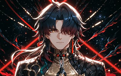 cuchilla, 4k, rayos de neón rojos, noche, carril estelar honkai, personajes de anime, manga, personajes de honkai star rail, cazadores estelares, espada honkai star rail