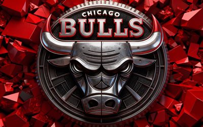 logotipo metálico de los chicago bulls, 4k, fondo rojo 3d, nba, baloncesto, logotipo 3d de los toros de chicago, creativo, emblema de los toros de chicago, logotipo de los toros de chicago, equipo de baloncesto americano, toros de chicago