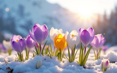 4k, violet crocuses, white crocuses, yellow crocuses, bokeh, bright sun, spring flowers, awakening of nature, melting snow, pictures with crocuses, spring, crocuses, beautiful flowers
