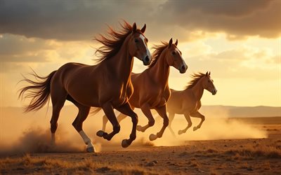 drei pferde, 4k, tierwelt, sonnenuntergang, wüste, galopp, herde pferde, laufende pferde, wilde pferde, braune pferde, staub, pferde