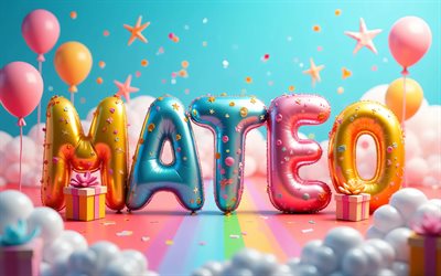 4k, mateo, bunte luftballons buchstaben, mateo name, kreativ, mateo geburtstag, beliebte amerikanische männliche namen, bunter hintergrund, alles gute zum geburtstag, bild mit mateo namen