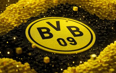 logo 3d del borussia dortmund, 4k, bokeh, sfondo 3d giallo nero, bundesliga, calcio, arte geometrica, lo stemma del borussia dortmund, bvb, squadra di calcio tedesca, borussia dortmund fc