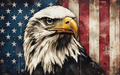 águila calva, 4k, arte retro, 4 de julio, cuatro de julio, bandera americana, bandera de estados unidos, estados unidos, eeuu, arte creativo, aves de presa