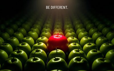Be different, 4k, apples, darkness, red apple among green ones, Be different concepts, Be different inscription, artwork, Be different art