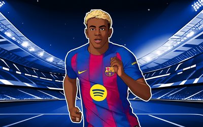 4k, lamina yamal, arte vectorial, fc barcelona, la liga, futbolistas españoles, lamina yamal 4k, fondo azul del estadio, fútbol americano, fútbol, laliga, barcelona, fcb, lamine yamal barcelona