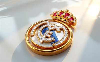 Real Madrid glass logo, white metal background, Real Madrid emblem, Real Madrid logo, Real Madrid sign, La Liga, Spain, football, Real Madrid, Real Madrid CF logo, Real Madrid CF