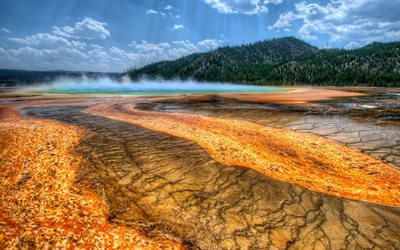 América, aguas termales, montañas, Grand Prismatic Spring, el Parque Nacional de Yellowstone, estados UNIDOS
