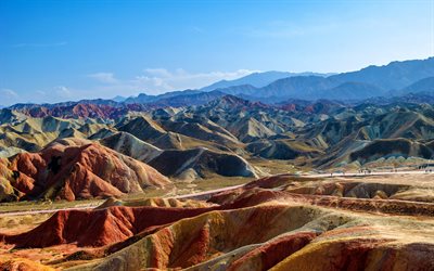 montanhas, parque geológico nacional zhangye danxia, verão, china