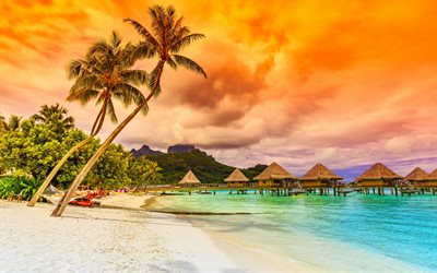 isole tropicali, bungalow, sabbia, onde, tramonto, spiaggia