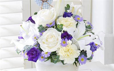 bouquet von blumen, schöne blumensträuße, weiße rosen, rosen, lilien, eustoma
