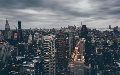 por la noche, Nueva York, Manhattan, Estados unidos, nublado, rascacielos