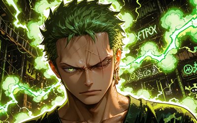 4k, roronoa zoro, oscuridad, una pieza, kimono, calle, humo verde, personajes de una pieza, manga, cazador de piratas, roronoa zoro una pieza