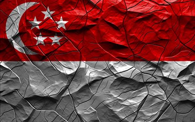 4k, bandeira de singapura, textura de pedra, ásia, bandeira 3d de singapura, fundo com rachaduras, cingapura
