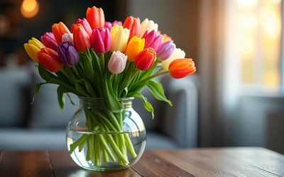 Bouquet of multicolored tulips, glass vase, 4k, spring flowers, tulips, spring bouquet, vase on the table, red tulips, yellow tulips