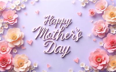 feliz dia de las madres, 4k, flores coloridas en 3d, fondo violeta, conceptos de feliz día de la madre, letras caligraficas blancas, inscripción del día de la madre feliz