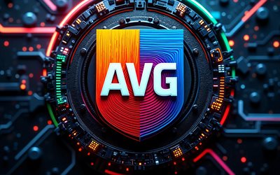AVG AntiVirus abstract logo, 4k, dark hi-tech background, conductors, microcircuit, AVG AntiVirus 3D logo, brands, AVG AntiVirus colorful logo, artwork, AVG AntiVirus logo, AVG AntiVirus, AVG