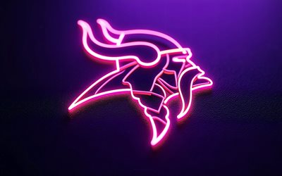 logo lumineux des vikings du minnesota, 4k, fond métal violet, emblème des vikings du minnesota, art néon, néon violet, usa, vikings du minnesota, football américain, logo des vikings du minnesota, nfl