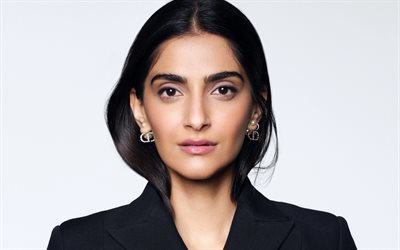 sonam kapoor, 4k, retrato, actriz india, sesión de fotos, traje negro, bollywood, modelo de moda india, sesión de fotos de sonam kapoor