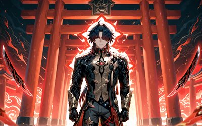 4k, cuchilla, llamas de fuego, puerta torii, carril estelar honkai, noche, personajes de anime, manga, personajes de honkai star rail, torii, cazadores estelares, espada honkai star rail