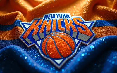 logo dei new york knicks in cristalli, 4k, sfondo di cristalli blu arancione, nba, logo dei new york knicks, trama di diamanti arancioni, stemma dei new york knicks, usa, new york knicks, pallacanestro