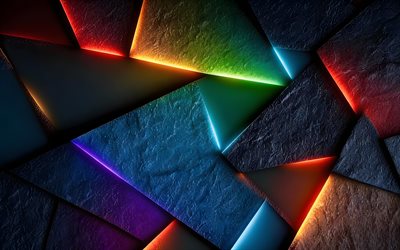 4k, figuras oscuras, resplandor colorido, diseño de materiales, formas geométricas, arte de madera, creativo, patrón geométrico fragmentado, obra de arte, fondo colorido 3d, fondo abstracto colorido, formas, fondos 3d