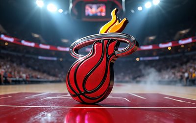 4k, miami heat metalllogotyp, strålkastare, basketstadion bakgrund, nba, kreativ, basketboll, miami heats logotyp, miami heat 3d logotyp, amerikansk basketlag, miami heat
