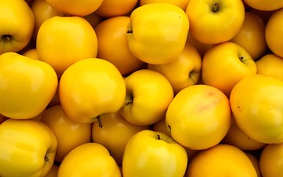manzanas amarillas, 4k, caja de manzanas, frutas frescas, de cerca, frutas maduras, manzanas maduras, fondo con manzanas, frutas, manzanas