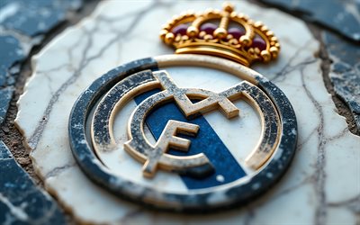 Real Madrid marble logo, white marble background, Real Madrid emblem, Real Madrid logo, Real Madrid sign, La Liga, Spain, football, Real Madrid, Real Madrid CF logo, Real Madrid CF