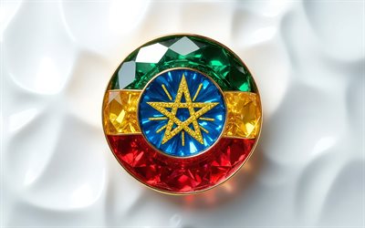 bandera de etiopía, 4k, bandera de etiopía dentro de una piedra preciosa, fondo blanco, piedra preciosa, fondo de cristal blanco, etiopía, bandera etíope