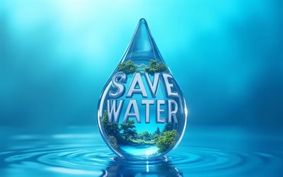 Save water, 4K, 3D water drop, blue background, water concepts, Save water concepts, eco concepts, environment, water